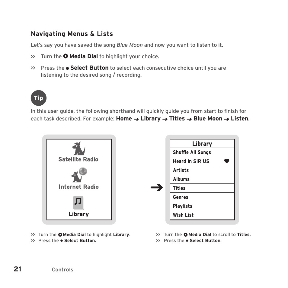 Navigating menus & lists | Sirius Satellite Radio SIRIUS STILETTO 2 Model SLV2 User Manual | Page 24 / 144