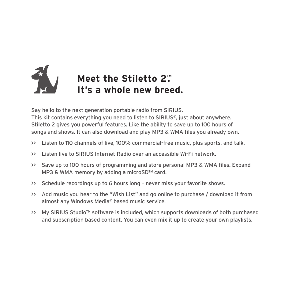 Meet the stiletto 2, It’s a whole new breed | Sirius Satellite Radio SIRIUS STILETTO 2 Model SLV2 User Manual | Page 3 / 144