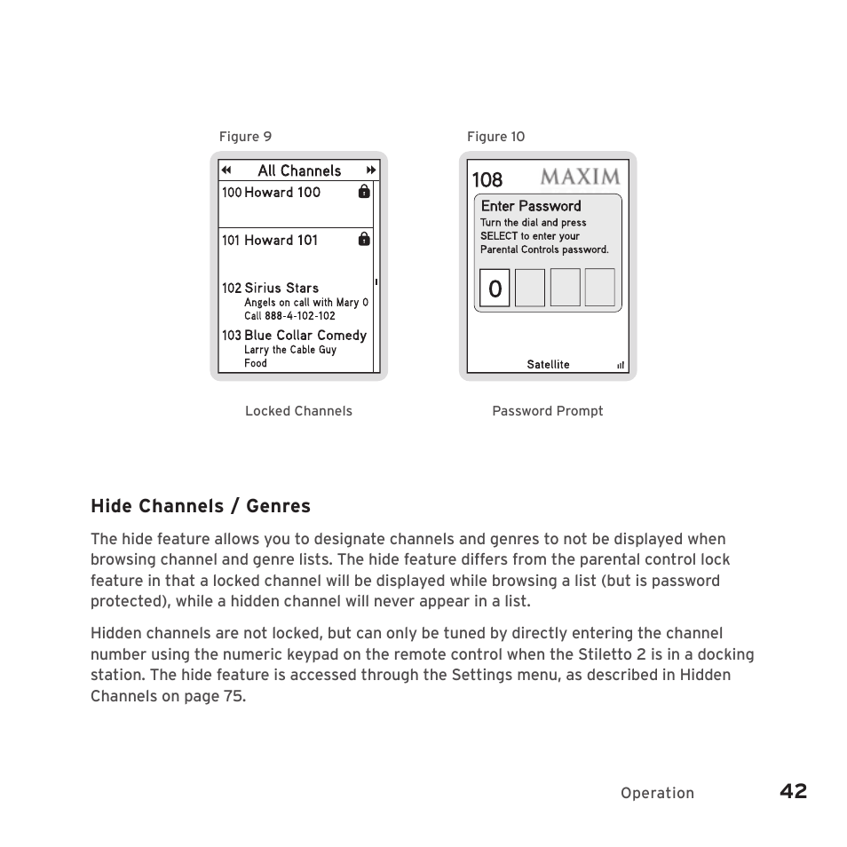 Hide channels / genres | Sirius Satellite Radio SIRIUS STILETTO 2 Model SLV2 User Manual | Page 45 / 144