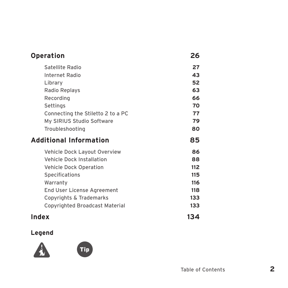 Operation, Additional information 85, Index | Sirius Satellite Radio SIRIUS STILETTO 2 Model SLV2 User Manual | Page 5 / 144