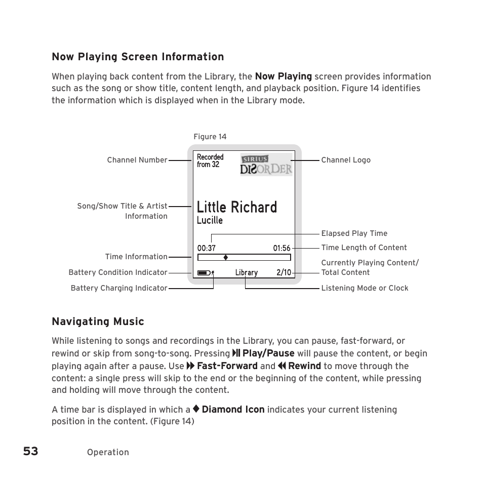 Now playing screen information, Navigating music | Sirius Satellite Radio SIRIUS STILETTO 2 Model SLV2 User Manual | Page 56 / 144