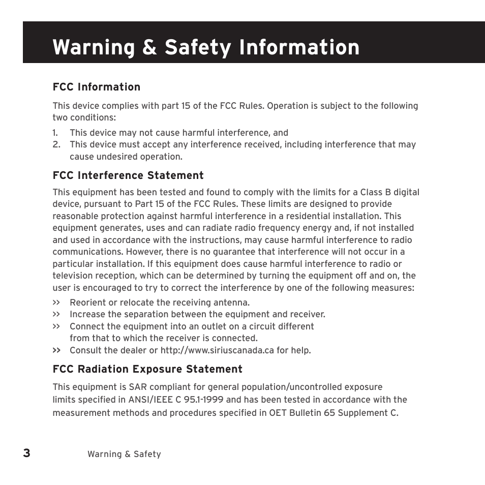 Warning & safety information | Sirius Satellite Radio SIRIUS STILETTO 2 Model SLV2 User Manual | Page 6 / 144