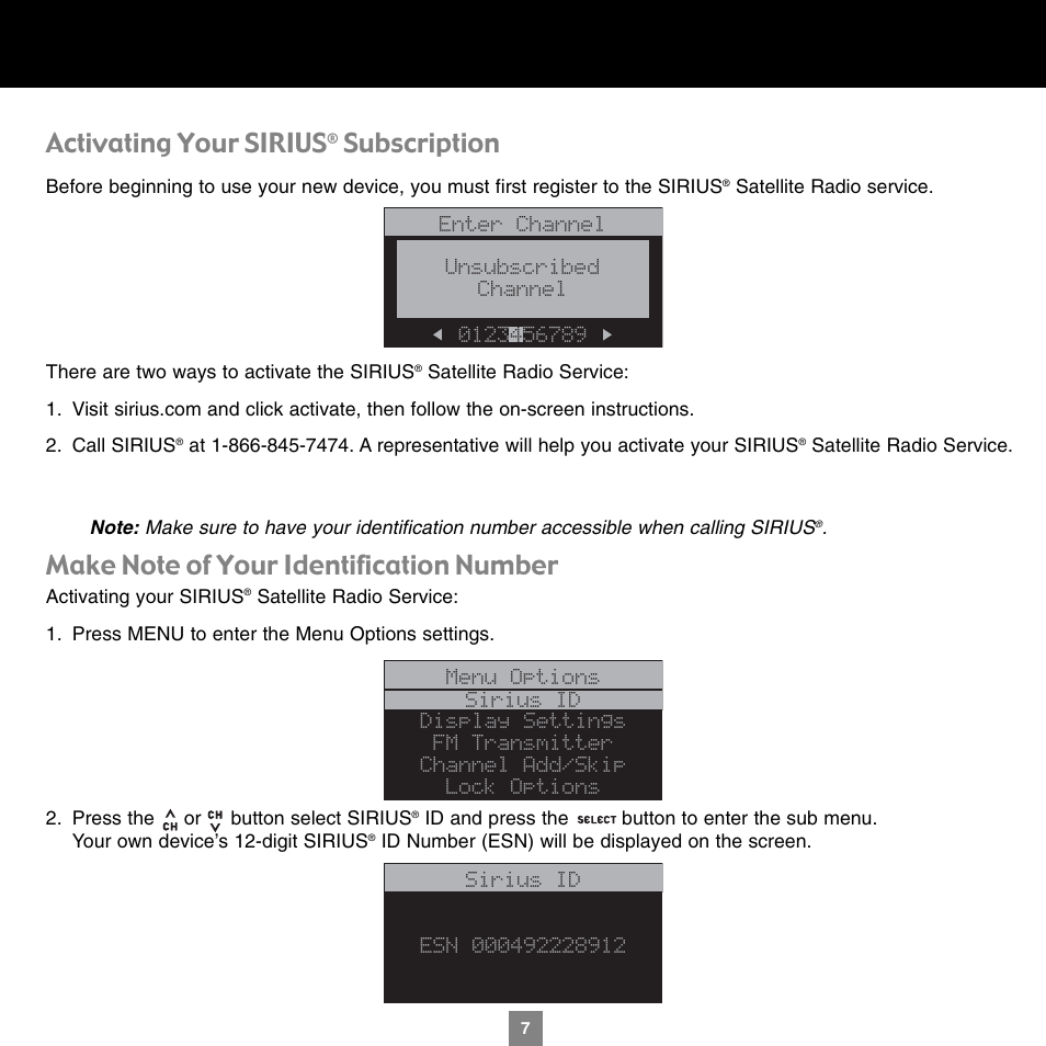 Activating your sirius, Subscription | Sirius Satellite Radio XTR1 User Manual | Page 11 / 44