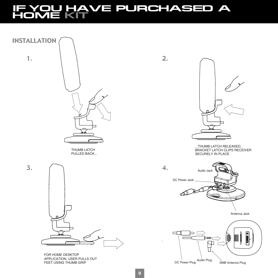 If you have purchased a home kit, 2. installation | Sirius Satellite Radio XTR1 User Manual | Page 13 / 44