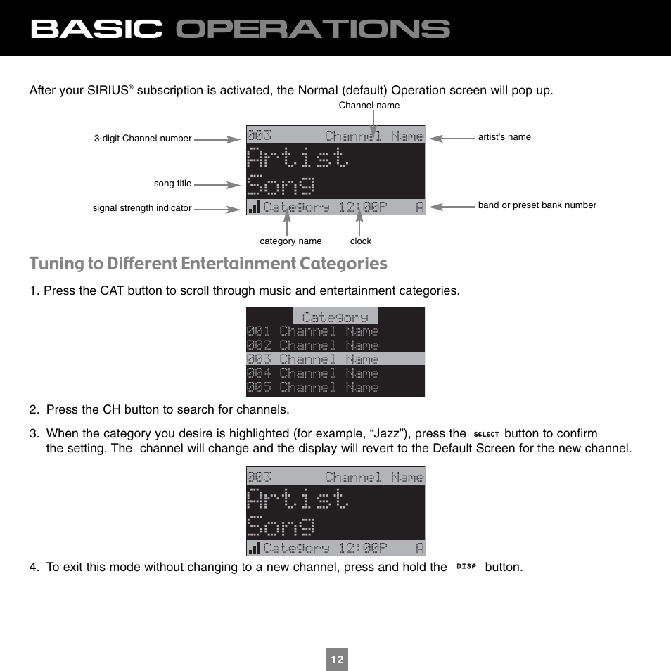 Basic operations, Artist song, Tuning to different entertainment categories | Sirius Satellite Radio XTR1 User Manual | Page 16 / 44