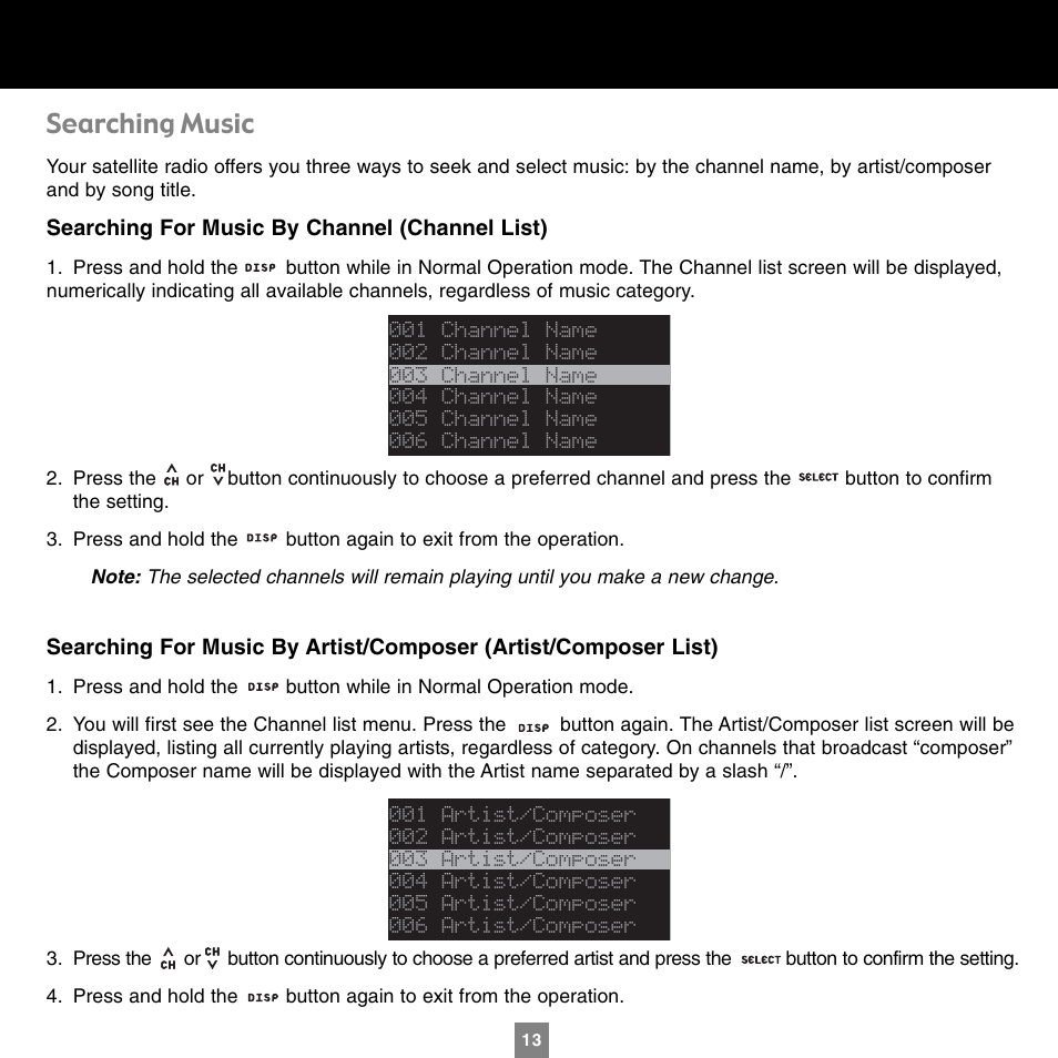 Searching music | Sirius Satellite Radio XTR1 User Manual | Page 17 / 44