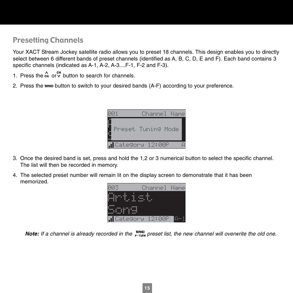 Artist song, Presetting channels | Sirius Satellite Radio XTR1 User Manual | Page 19 / 44