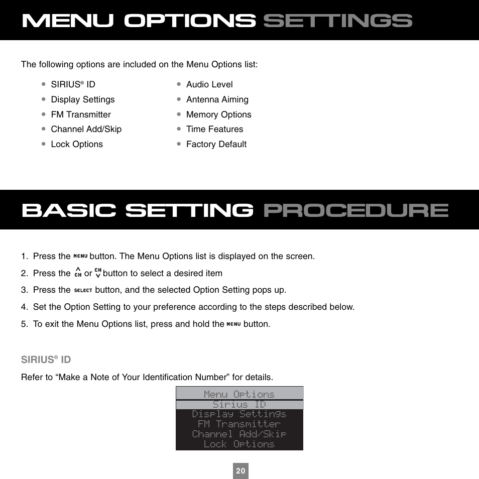 Basic setting procedure, Menu options settings | Sirius Satellite Radio XTR1 User Manual | Page 24 / 44