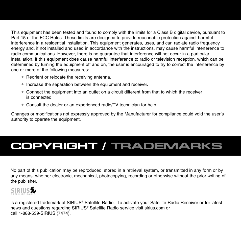 Copyright / trademarks | Sirius Satellite Radio XTR1 User Manual | Page 3 / 44