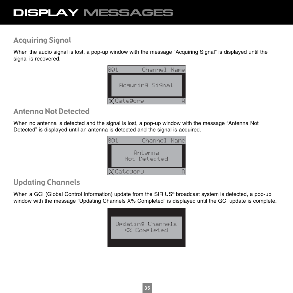 Display messages, Acquiring signal, Antenna not detected | Updating channels | Sirius Satellite Radio XTR1 User Manual | Page 39 / 44