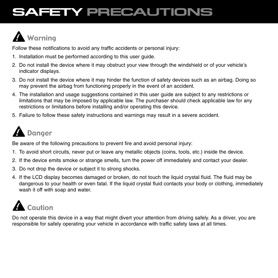 Safety precautions, Warning, Danger | Caution | Sirius Satellite Radio XTR1 User Manual | Page 4 / 44