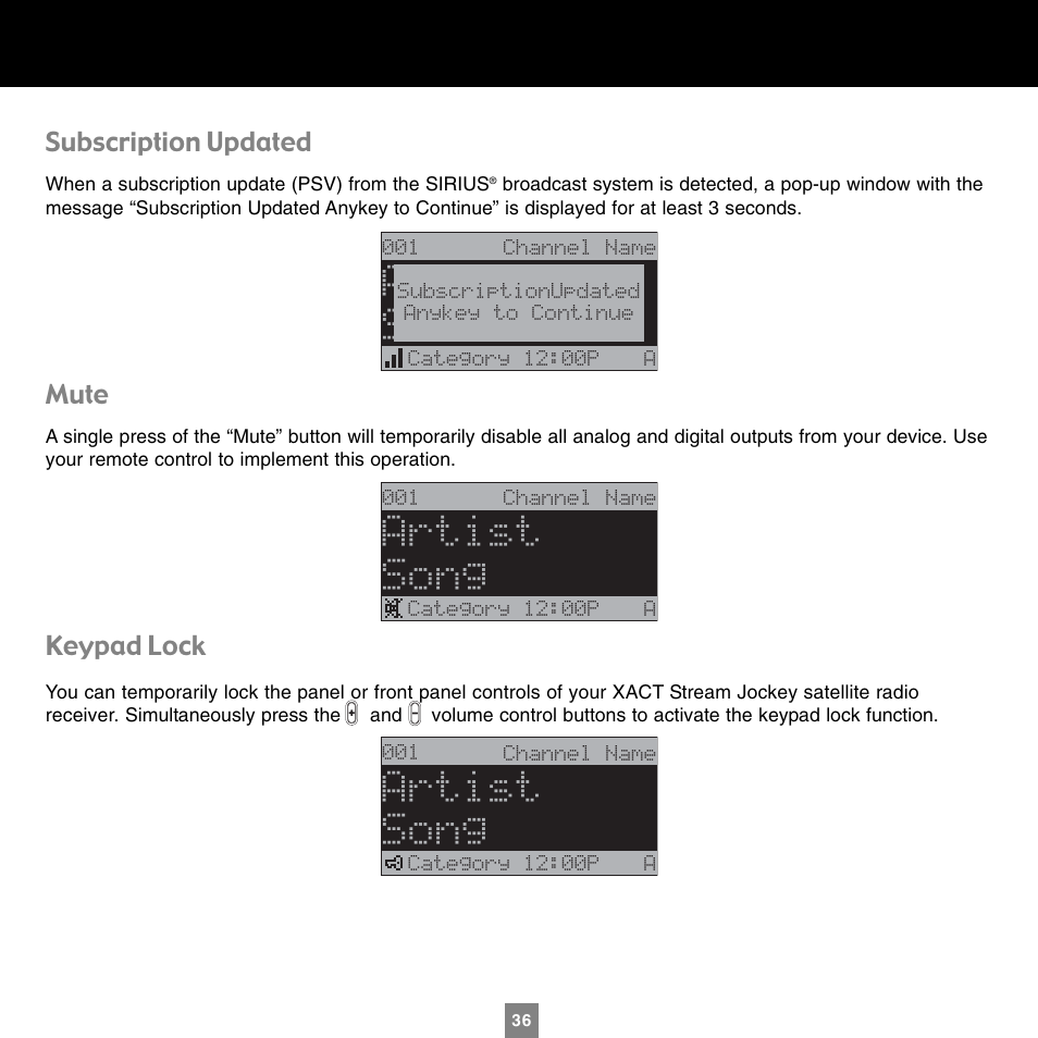 Artist song, Subscription updated, Mute | Keypad lock | Sirius Satellite Radio XTR1 User Manual | Page 40 / 44