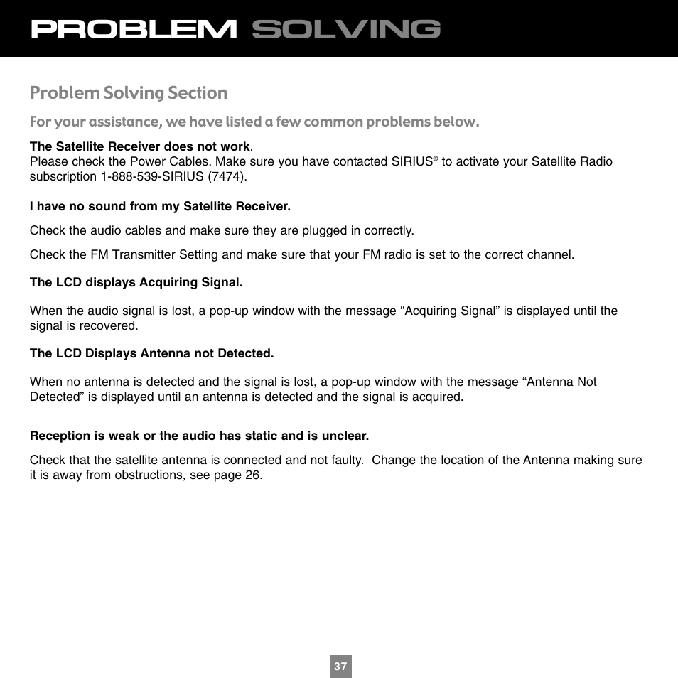 Problem solving | Sirius Satellite Radio XTR1 User Manual | Page 41 / 44