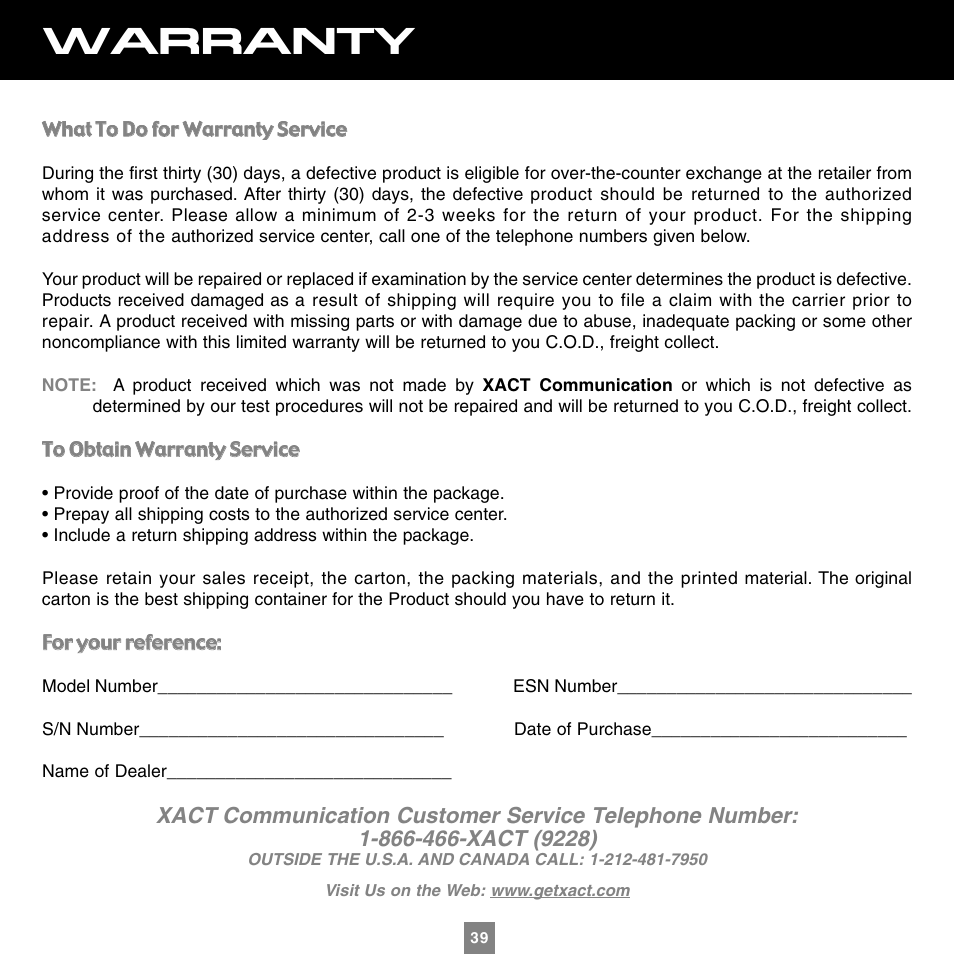 Warranty | Sirius Satellite Radio XTR1 User Manual | Page 43 / 44