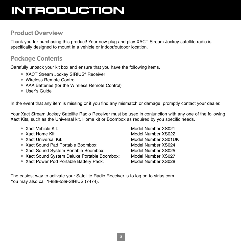 Introduction, Product overview, Package contents | Sirius Satellite Radio XTR1 User Manual | Page 7 / 44