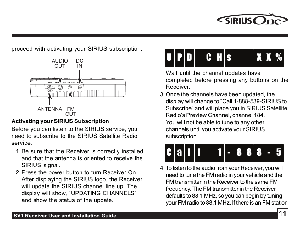 Activating your sirius subscription, Hc d p % u x x s | Sirius Satellite Radio SV1 User Manual | Page 11 / 32