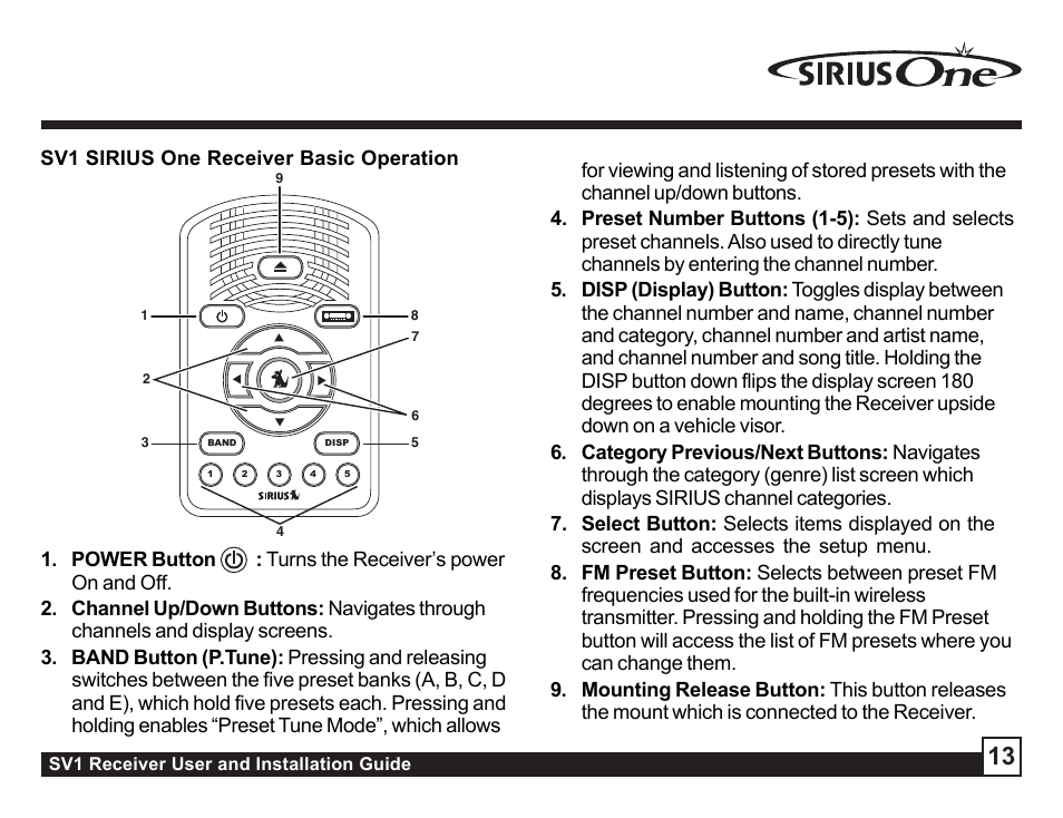 Sv1 sirius one receiver basic operation | Sirius Satellite Radio SV1 User Manual | Page 13 / 32