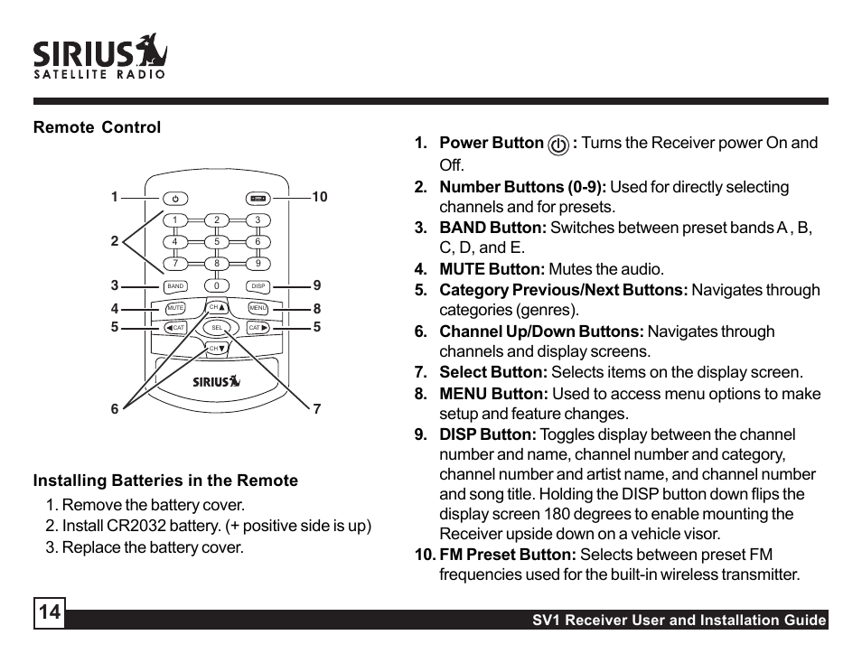 Remote control, Installing batteries in the remote | Sirius Satellite Radio SV1 User Manual | Page 14 / 32