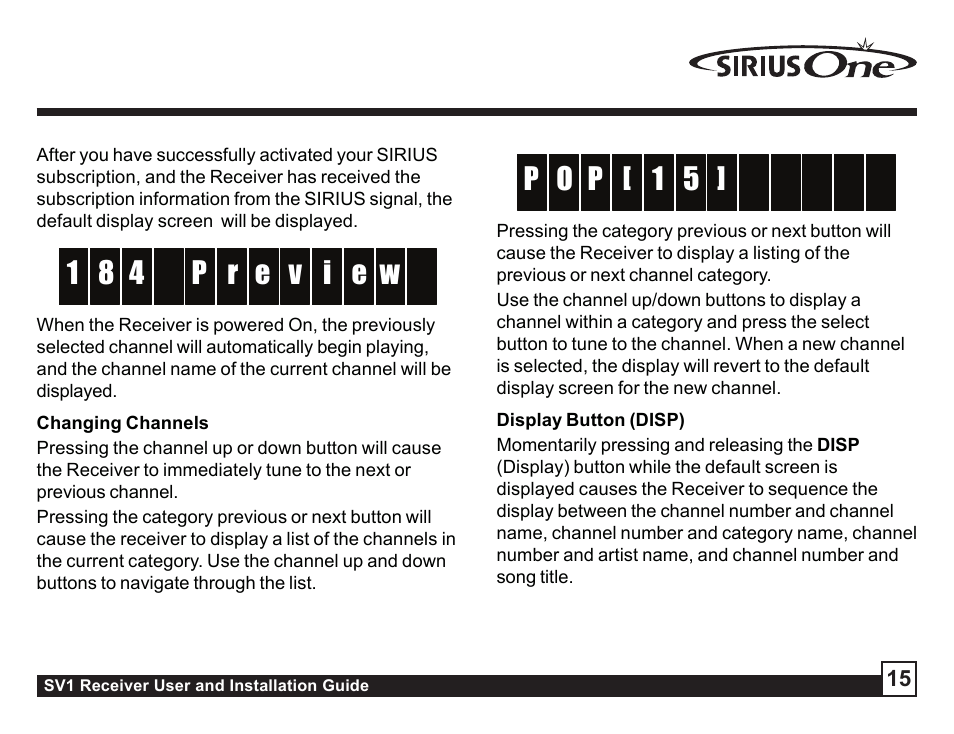 Changing channels, Display button (disp), Changing channels display button (disp) | Sirius Satellite Radio SV1 User Manual | Page 15 / 32