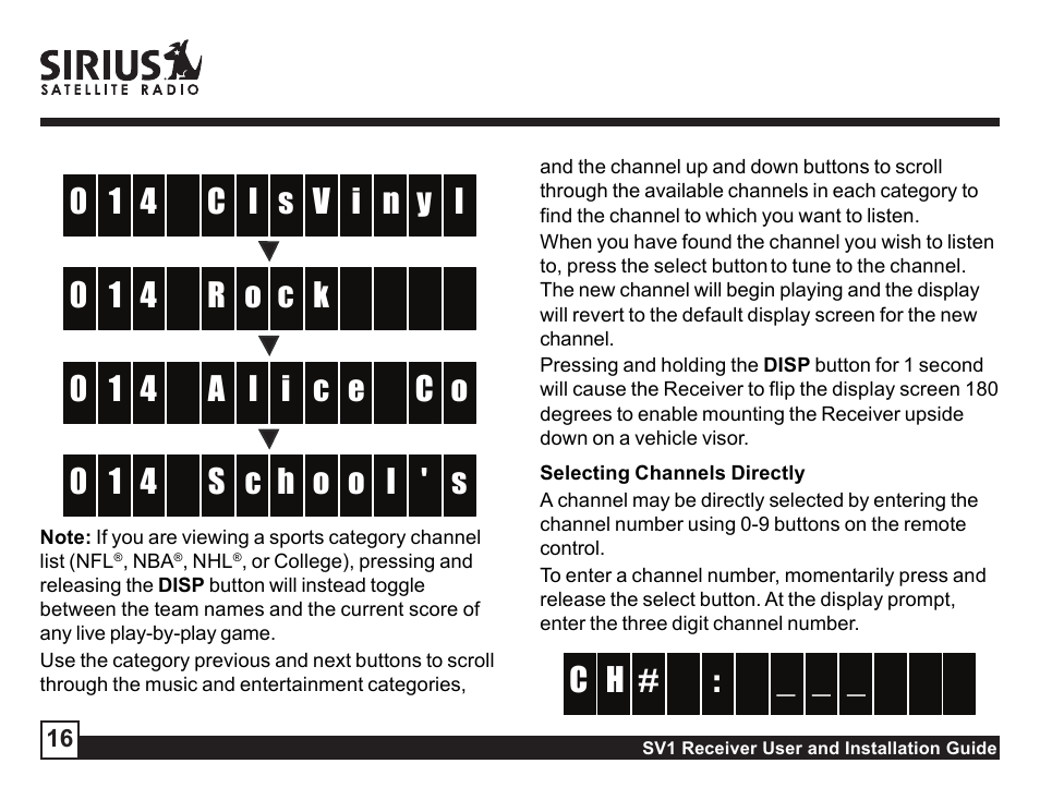Selecting channels directly | Sirius Satellite Radio SV1 User Manual | Page 16 / 32