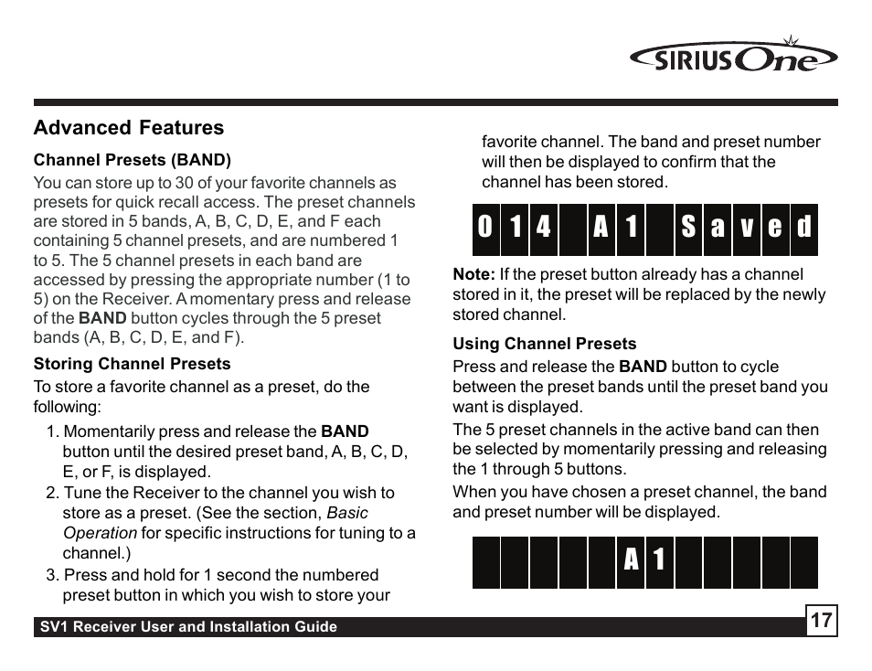 Advanced features, Channel presets (band), Storing channel presets | Using channel presets, Storing channel presets using channel presets, Searching for a channel preset (p.tune mode), 1a 4 s 1 a d 0 v e | Sirius Satellite Radio SV1 User Manual | Page 17 / 32