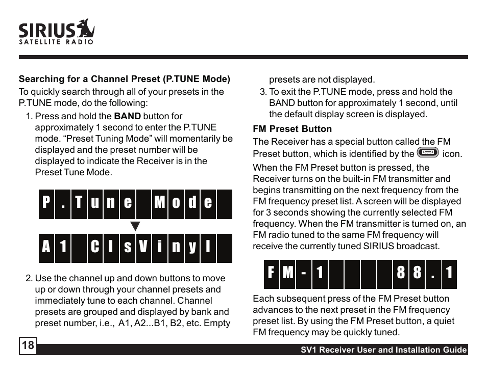 Searching for a channel preset (p.tune mode), Fm preset button, M 8 1 f 8 . 1 | Sirius Satellite Radio SV1 User Manual | Page 18 / 32