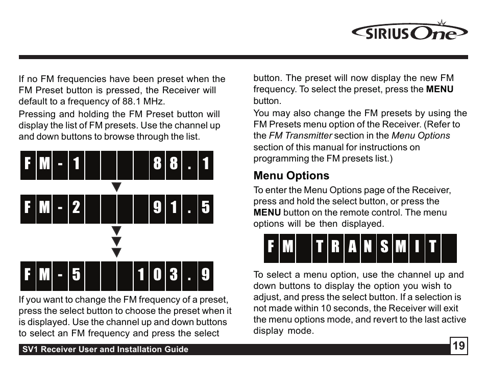 Menu options, Fm transmitter | Sirius Satellite Radio SV1 User Manual | Page 19 / 32
