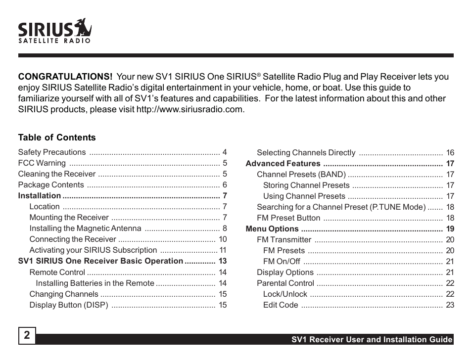 Sirius Satellite Radio SV1 User Manual | Page 2 / 32