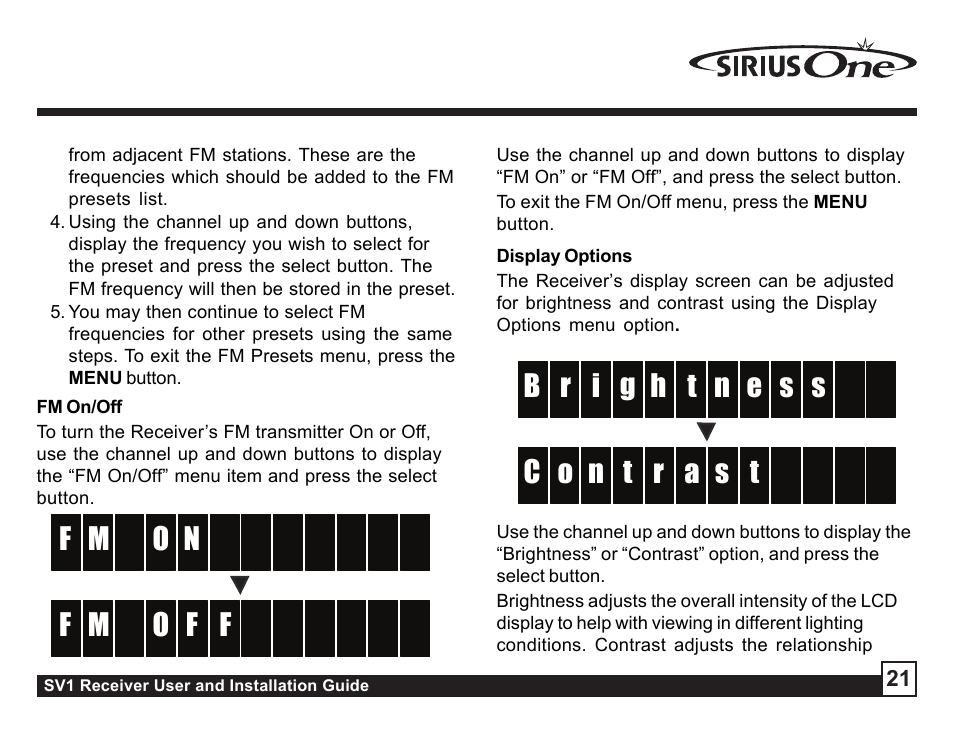 Fm on/off, Display options, Display options parental control | Sirius Satellite Radio SV1 User Manual | Page 21 / 32
