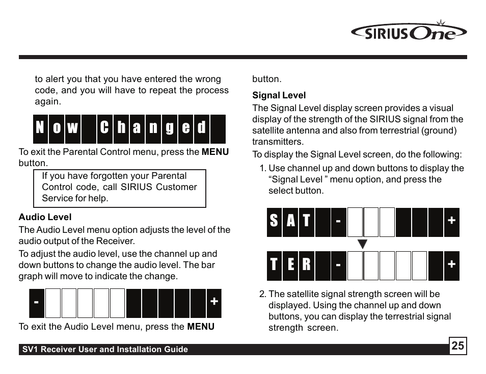 Audio level, Signal indicator, Factory default | Signal indicator factory default | Sirius Satellite Radio SV1 User Manual | Page 25 / 32