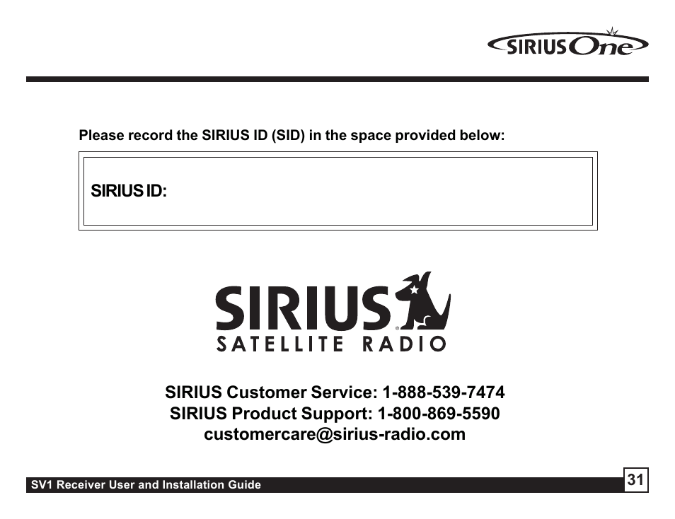 Sirius Satellite Radio SV1 User Manual | Page 31 / 32