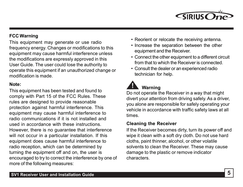 Fcc warning, Cleaning the receiver, Fcc warning cleaning the receiver | Sirius Satellite Radio SV1 User Manual | Page 5 / 32