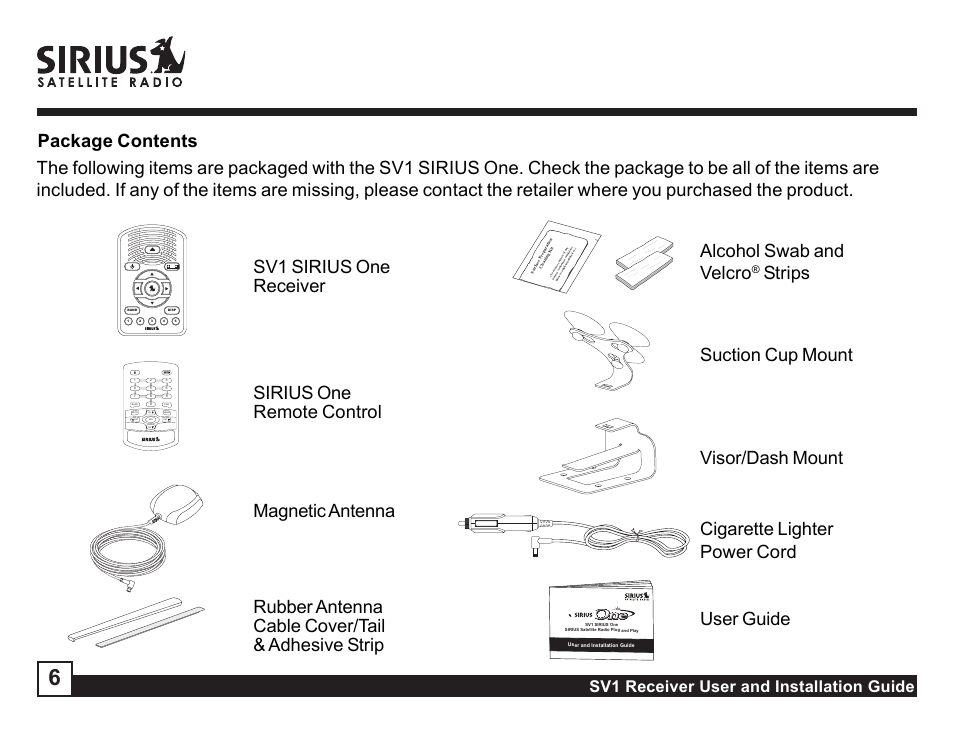 Package contents, Sv1 receiver user and installation guide | Sirius Satellite Radio SV1 User Manual | Page 6 / 32
