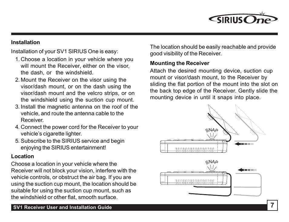 Installation, Location, Mounting the receiver | Location mounting the receiver | Sirius Satellite Radio SV1 User Manual | Page 7 / 32