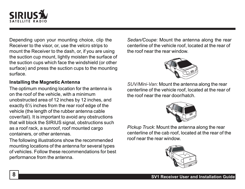 Installing the magnetic antenna | Sirius Satellite Radio SV1 User Manual | Page 8 / 32
