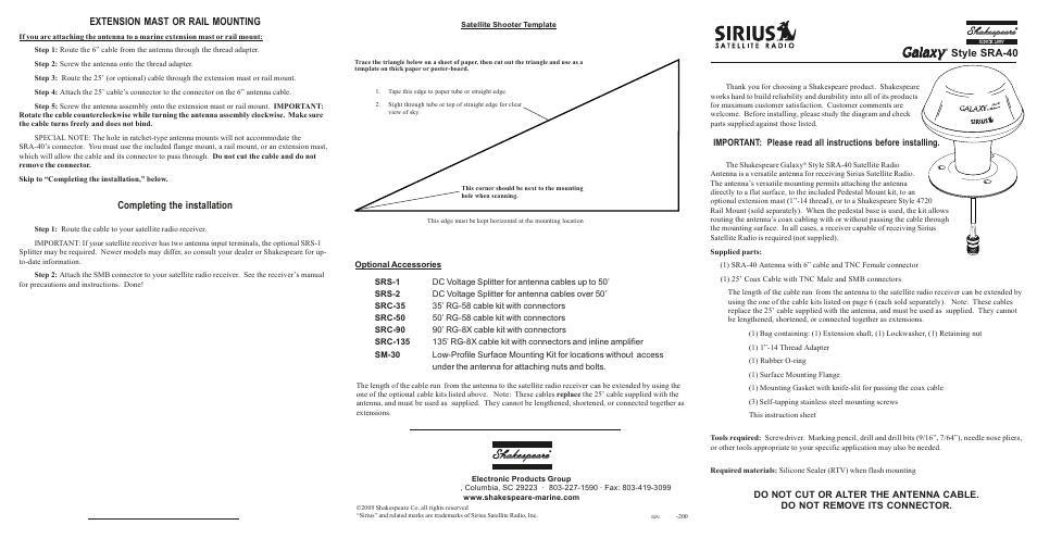 Gala, Gala galaxy xy xy xy xy, Style sra-40 | Extension mast or rail mounting, Completing the installation | Sirius Satellite Radio SRA-40 User Manual | Page 6 / 6