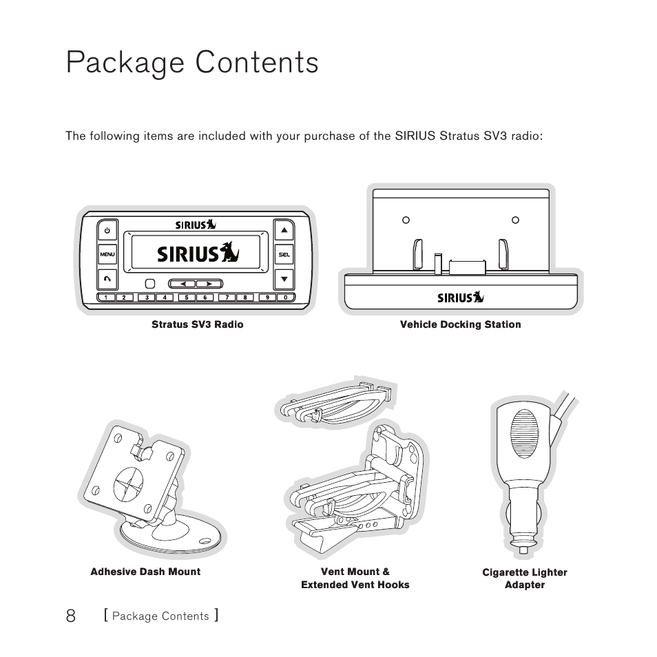 Package contents | Sirius Satellite Radio SV3 User Manual | Page 10 / 48