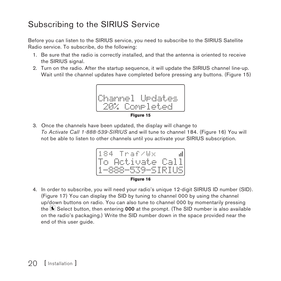 Subscribing to the sirius service, Channel updates 20% completed | Sirius Satellite Radio SV3 User Manual | Page 22 / 48