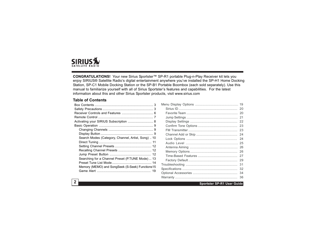 Sirius Satellite Radio SP-R1 User Manual | Page 2 / 38