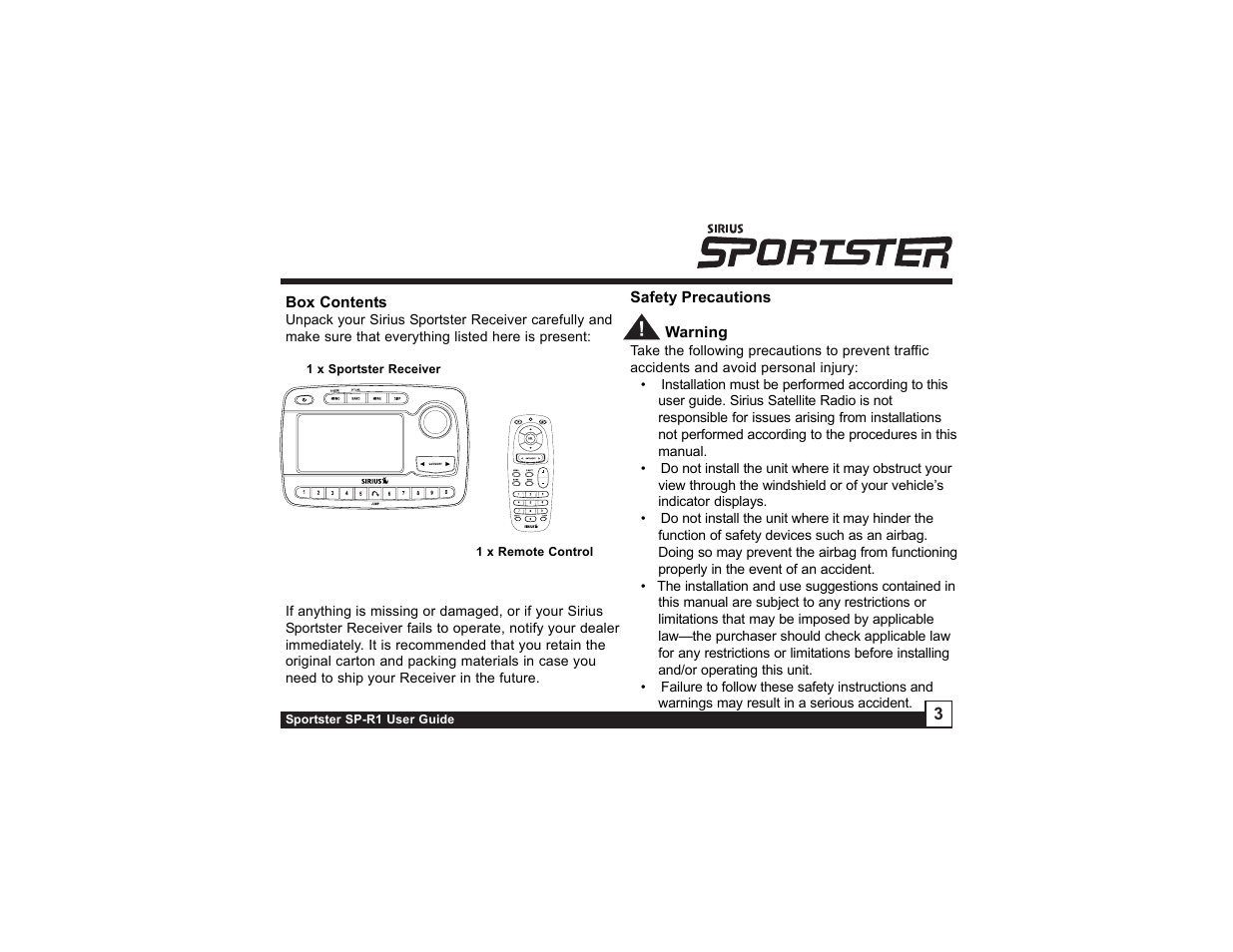 Sirius Satellite Radio SP-R1 User Manual | Page 3 / 38