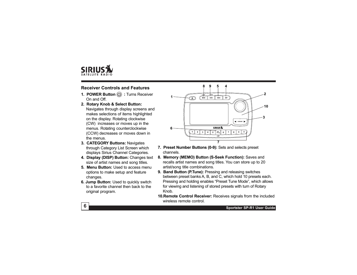 Sirius Satellite Radio SP-R1 User Manual | Page 6 / 38