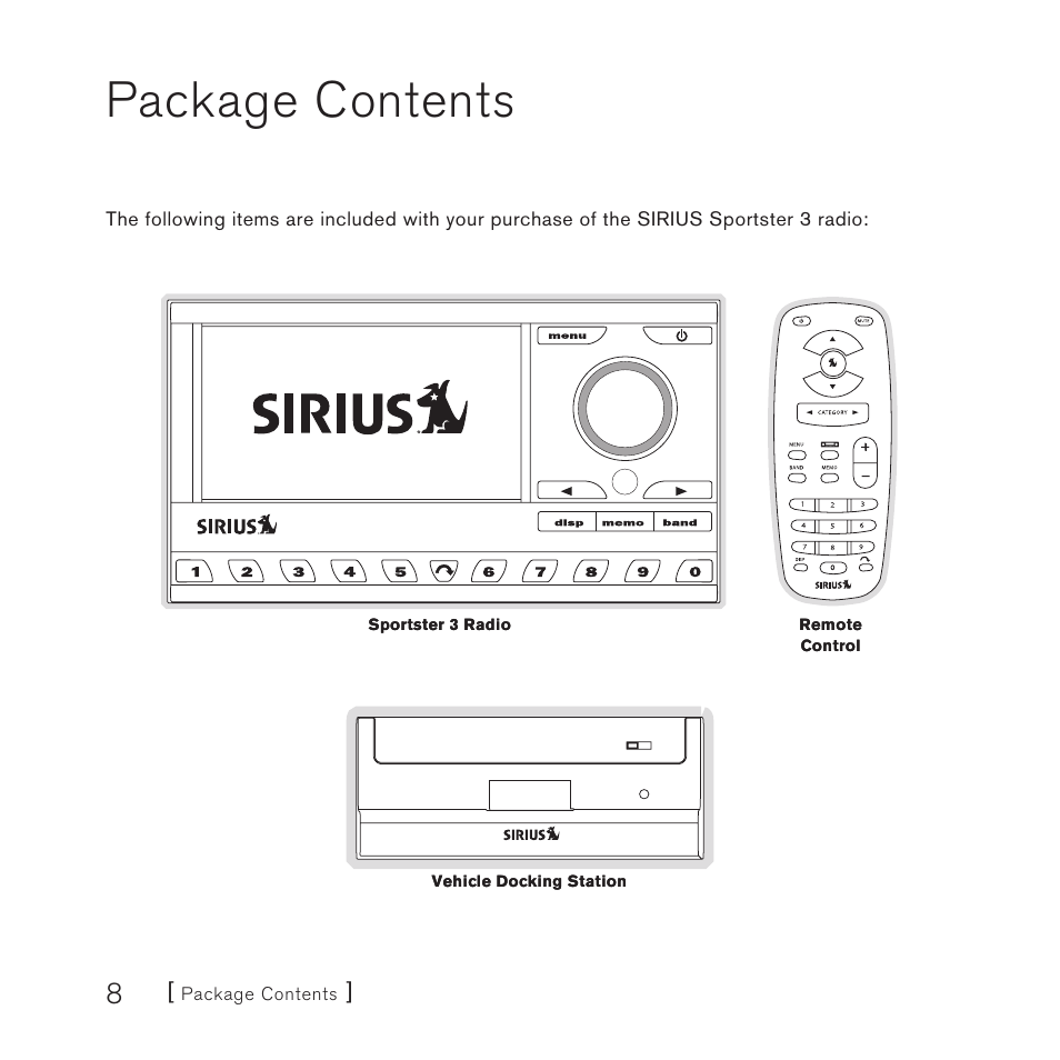 Package contents | Sirius Satellite Radio SP3 User Manual | Page 10 / 58