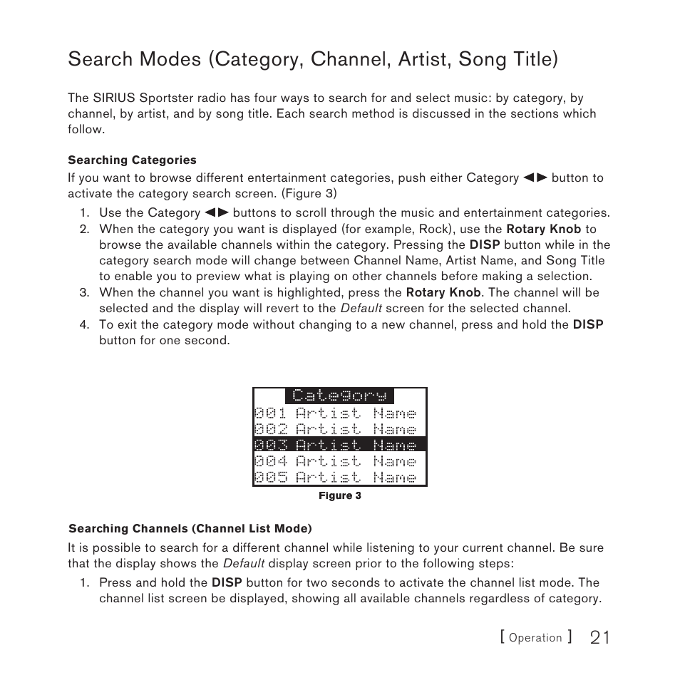 Operation, Display screen information | Sirius Satellite Radio SP3 User Manual | Page 21 / 58