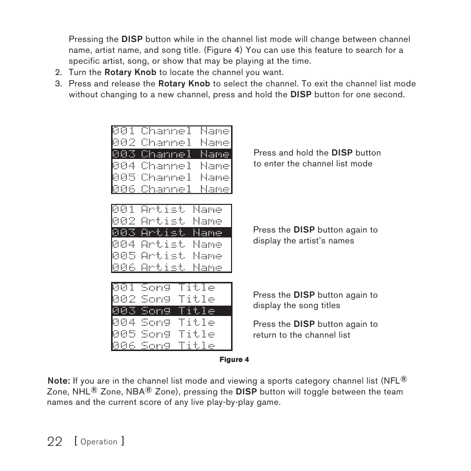 Navigating menus and lists, Display (disp) button | Sirius Satellite Radio SP3 User Manual | Page 22 / 58