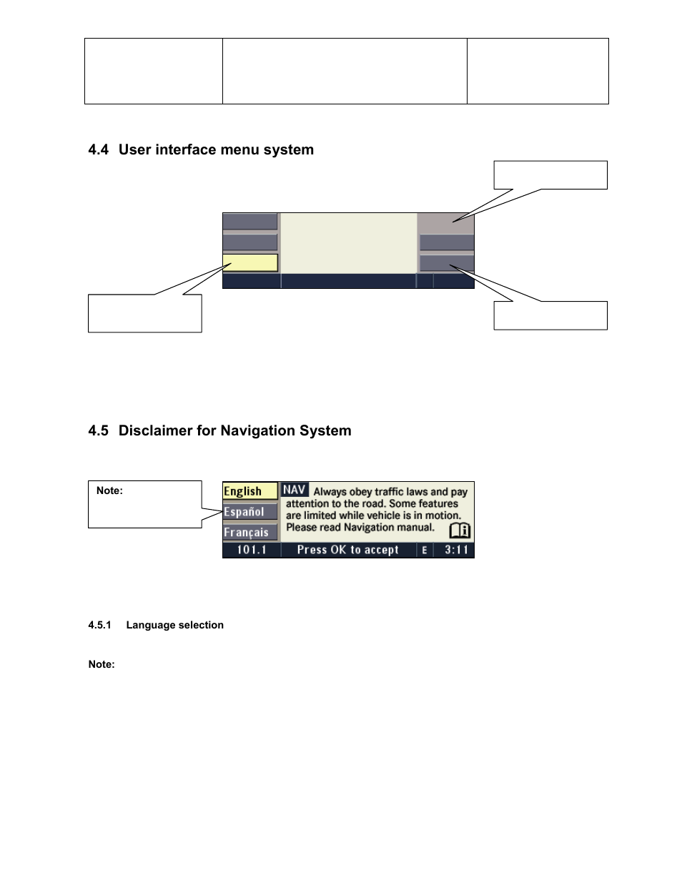4 user interface menu system, 5 disclaimer for navigation system | Sirius Satellite Radio Chrysler Radio Navigation System RB4 User Manual | Page 14 / 86