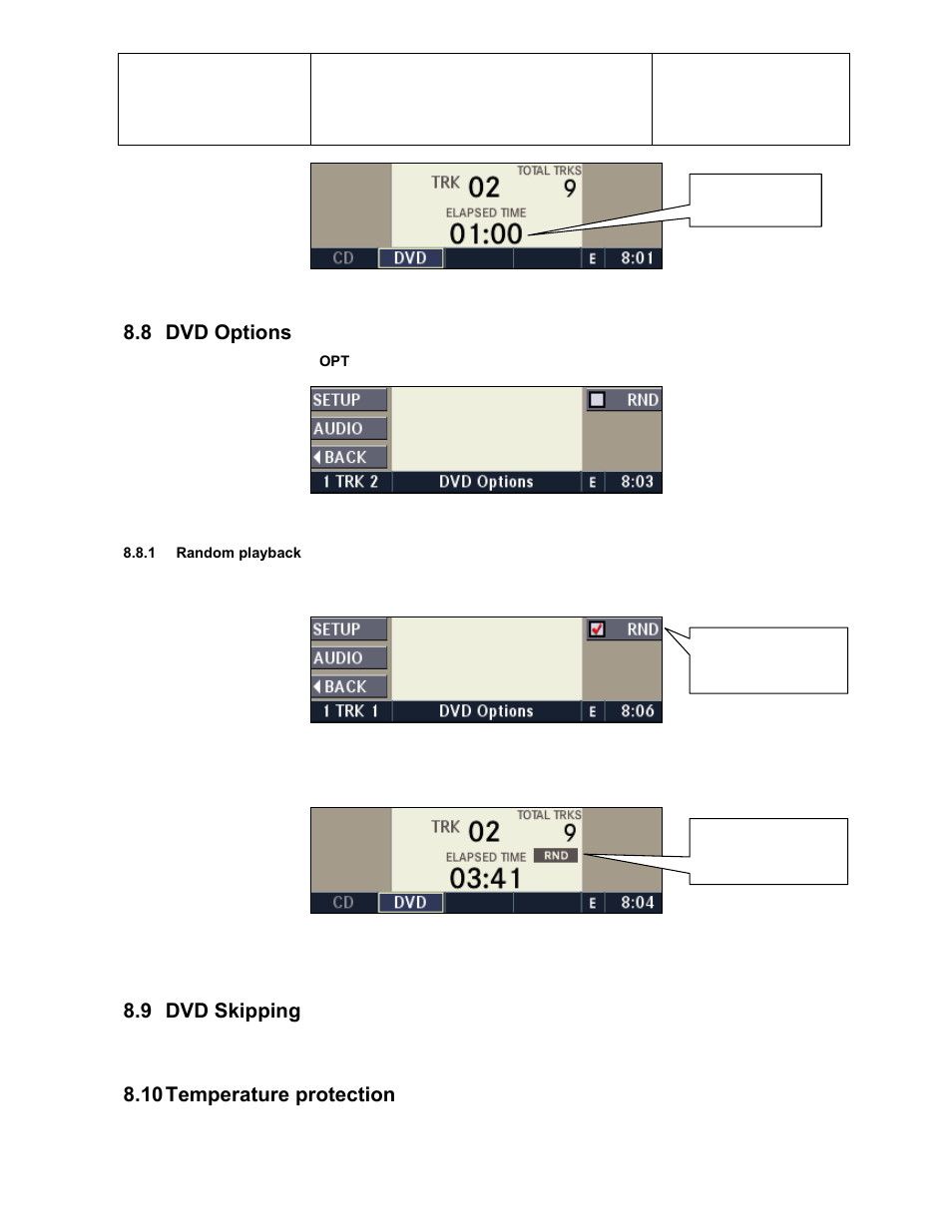 8 dvd options, 9 dvd skipping, 10 temperature protection | Sirius Satellite Radio Chrysler Radio Navigation System RB4 User Manual | Page 44 / 86