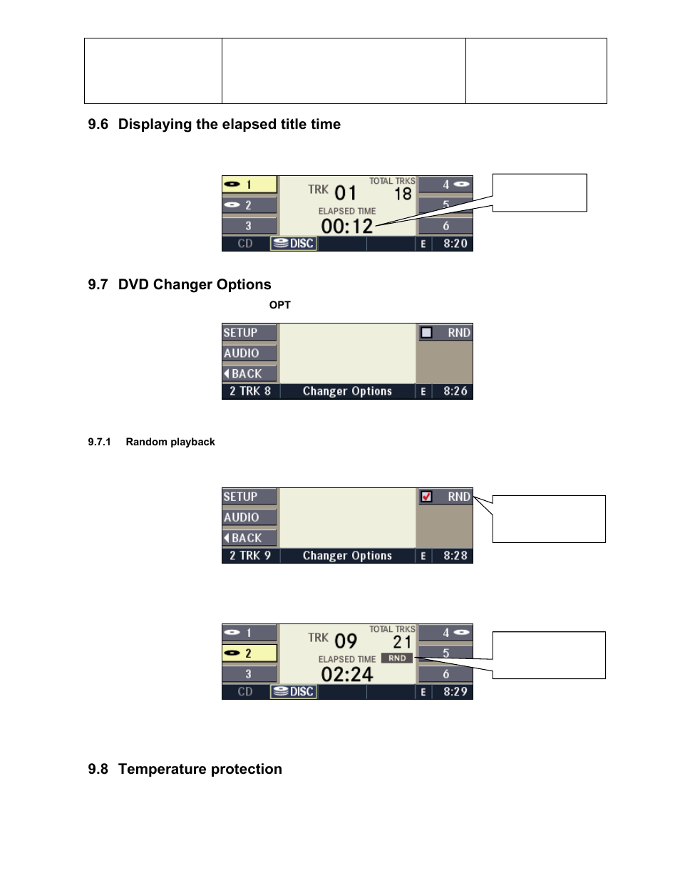 6 displaying the elapsed title time, 7 dvd changer options, 8 temperature protection | Sirius Satellite Radio Chrysler Radio Navigation System RB4 User Manual | Page 48 / 86