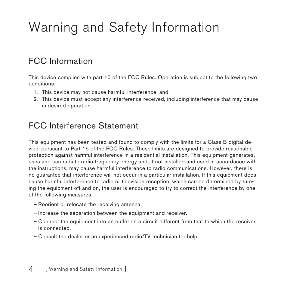 Warning and safety information, Fcc information, Fcc interference statement | Sirius Satellite Radio SlV1 User Manual | Page 6 / 88