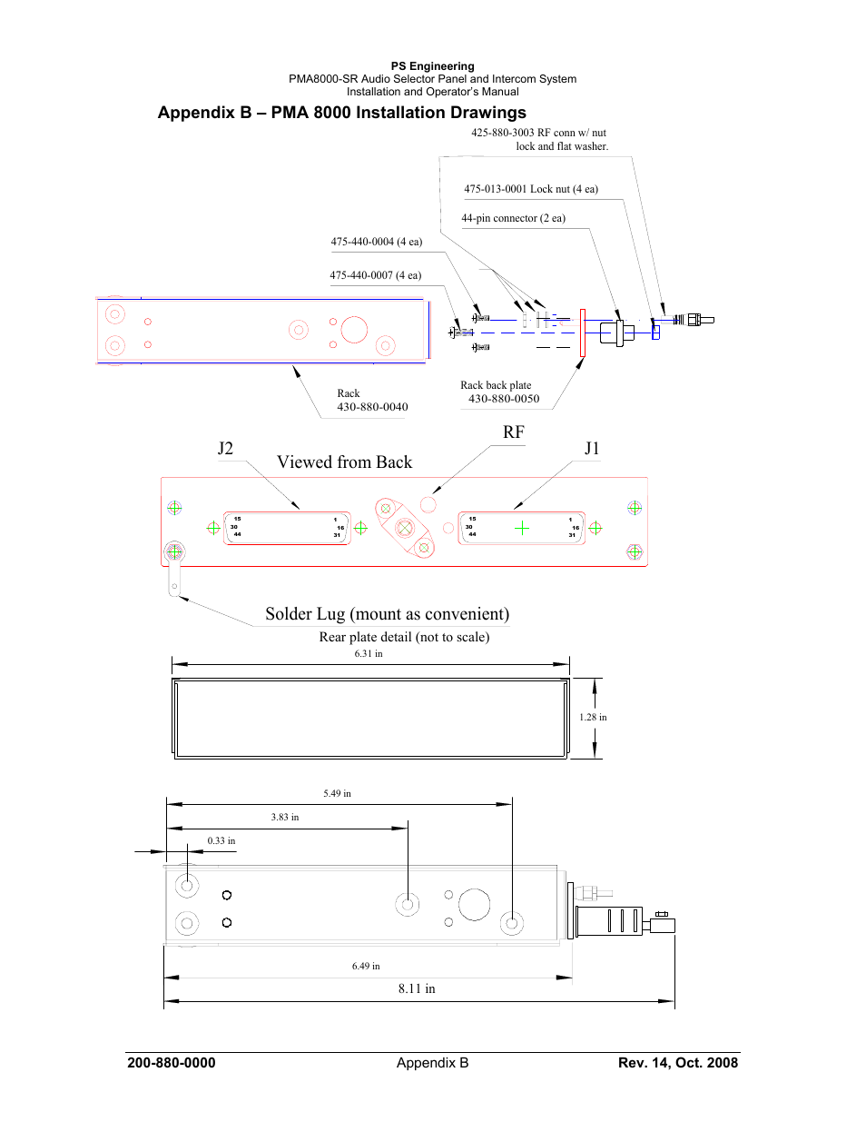 J2 j1 viewed from back, Solder lug (mount as convenient) rf, Appendix b – pma 8000 installation drawings | PS Engineering PMA8000-SR with Built-In SIRIUS Satellite Radio User Manual | Page 34 / 39