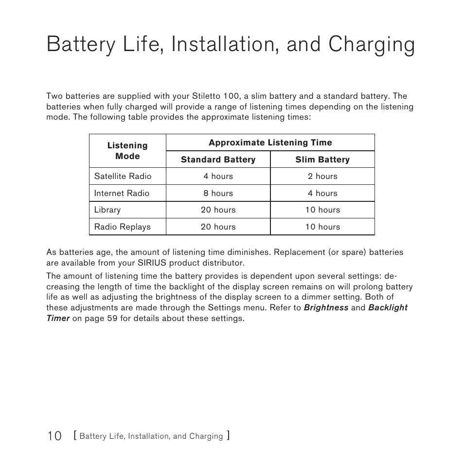 Battery life / installation / charging, Battery life, installation, and charging | Sirius Satellite Radio SIRIUS STILETTO 100 User Manual | Page 10 / 155
